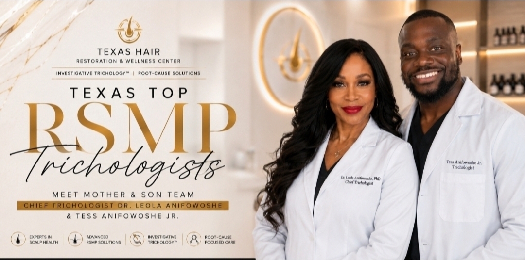 Tessy Anifowoshe Jr., Mr. RSMP™, with Chief Trichologist Dr. Leola Anifowoshe at Texas Hair Restoration & Wellness Center