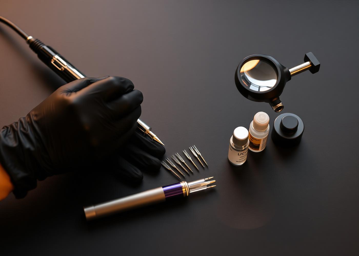 Precision scalp micropigmentation instruments on a matte black surface